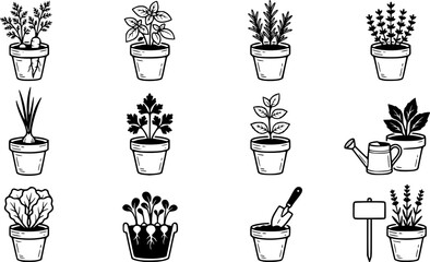 Fototapeta premium Vegetable garden plants in clay pots icons collection including carrots onions and herbs. 