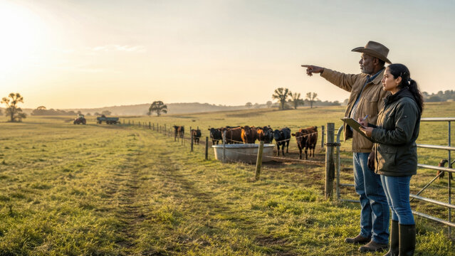 Two ranchers point and inspect a herd of cattle at sunrise in a rural pasture while holding a tablet. The scene conveys farming work and livestock management in open fields.