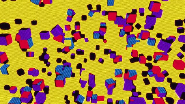 Isometric 3D blocks tumble across a bright yellow halftone background in a vibrant pop art motion design animation