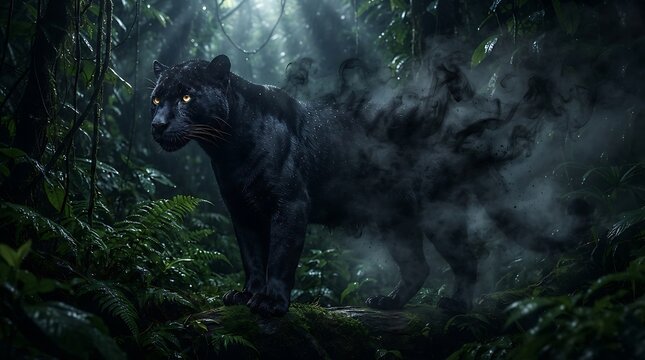 A mystical black panther emerging from dark smoke in a dense tropical rainforest.