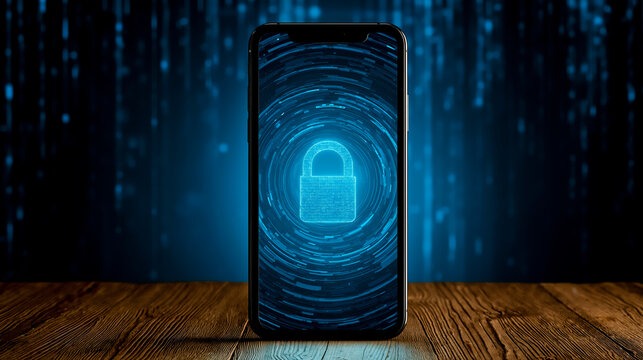 A smartphone with a lock screen displaying a digital lock and a blue swirling background