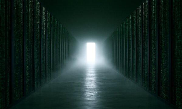 Narrow dark corridor with bright light at end, concept of future and data