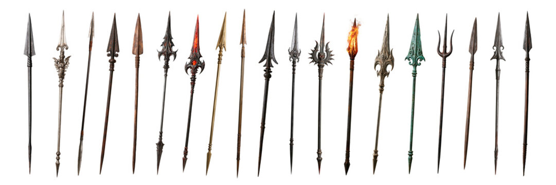 Set of 20 medieval spears, javelines and other types of medieval long range weapon isolated on transparent background.