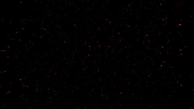 Red cosmic particles moving through black space create immersive starfield travel effect in cinematic motion video clip.