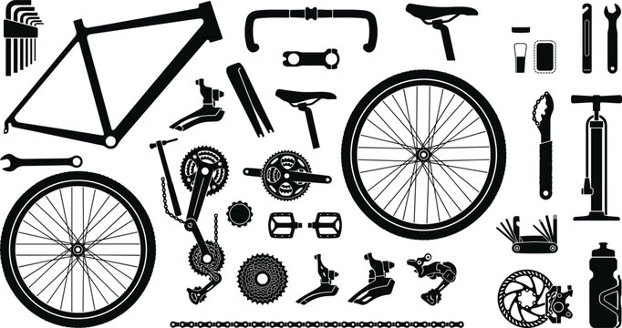 Bicycle Frame Parts Wheels and Repair Tools Vector Silhouette Collection for Bike Maintenance