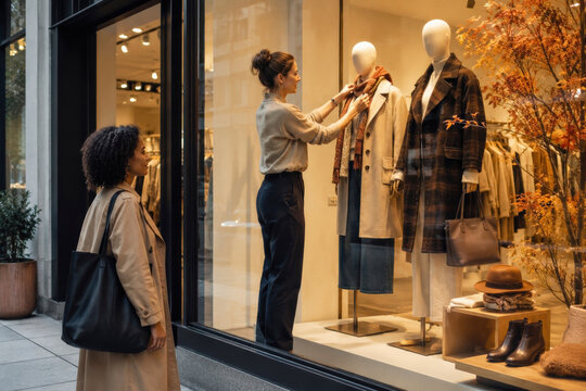 Sales assistant adjusts a mannequin scarf while a customer watches outside, showcasing autumn clothing and accessories in a warm storefront display. The scene conveys shopping and seasonal fashion.