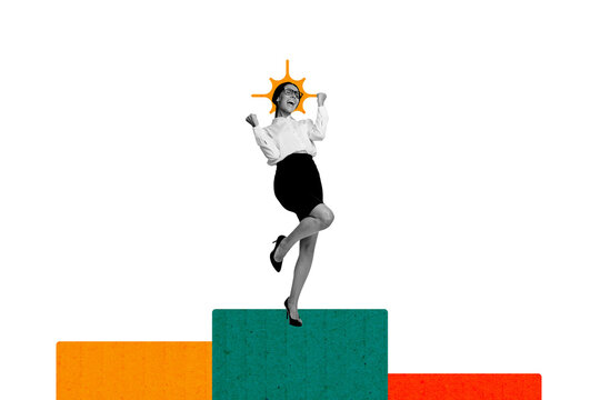 Creative picture collage young cheerful businesswoman celebrate success achievement leadership progress career promotion yes victory