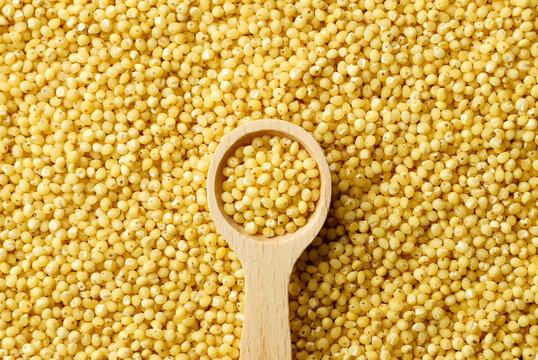 Millet groats in a wooden spoon, background. Top view