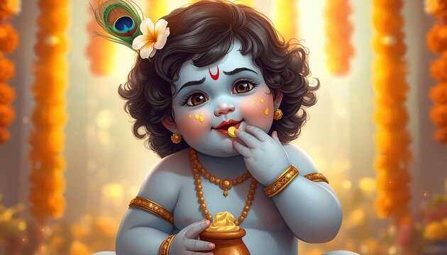 baby krishna eating butter with peacock feather