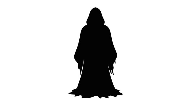 Grim Reaper silhouette standing frontally with a hood and flowing robes evokes a sense of mystery and foreboding.