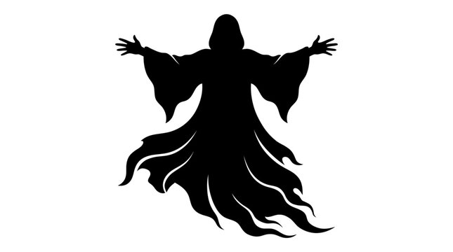 A solemn black ghost figure with a hooded head and flowing robes extends its arms outward in a welcoming or commanding gesture, appearing as an imposing silhouette against a clean white background.