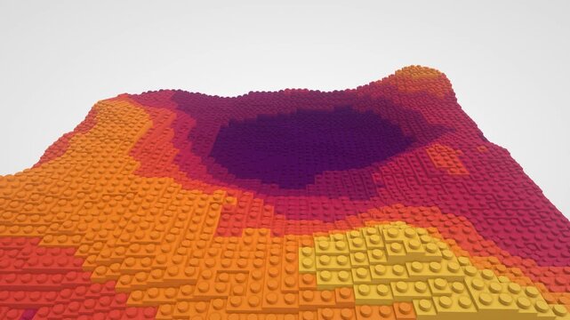 Modular toy brick landscape terrain undulating in a sunset palette for a playful 3D digital background animation