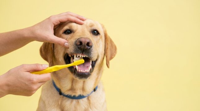 Happy labrador dog being brushed with a yellow toothbrush for dental care on a bright yellow background