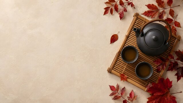 Japanese cast iron teapot with ceramic tea cups on bamboo mat, autumn maple leaves on beige background, zen tea ceremony flat lay with copy space