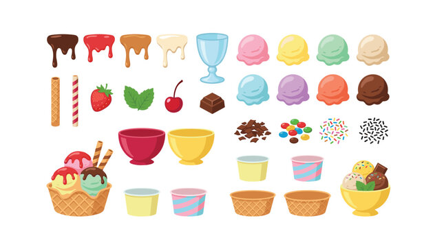 PrintVector illustration of an ice cream creator set. Assorted colorful scoops, waffle cones, bowls, syrups, sprinkles, berries, toppings, isolated elements.