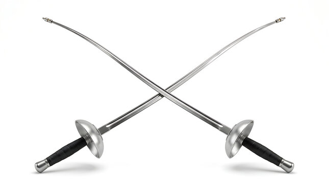 A Pair of Professional Flexible Steel Fencing Foil Swords with Sturdy Black Handles and Protective Metallic Guards Isolated on White