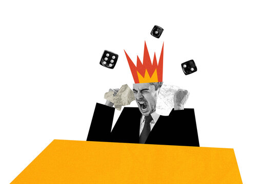 Creative collage young businessman outraged burning head falme aggression failure dice combination gambling fortune luck drawing background