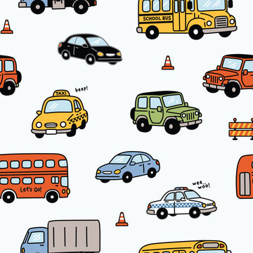 Cute Colorful Vehicle Seamless Pattern Vector 