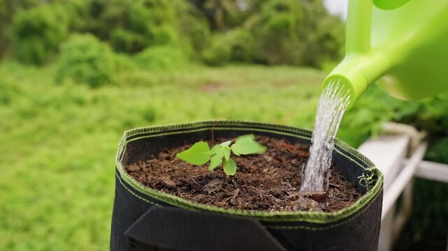 Young Seedling Is Watered in a Fabric Pot Outdoors, Plant Care, Sustainable Gardening and Healthy Growth in a Green Natural Environment