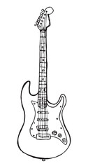 Fototapeta premium Electric guitar hand drawn illustration, rock guitar instrument line doodle, music sketch isolated on white background, vector art