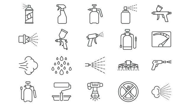 Spray line icon set contains editable stroke paint aerosols.