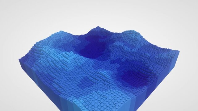 Blue toy brick landscape waves animate undulating terrain in a 3D animation loop with topographic elevation map layers