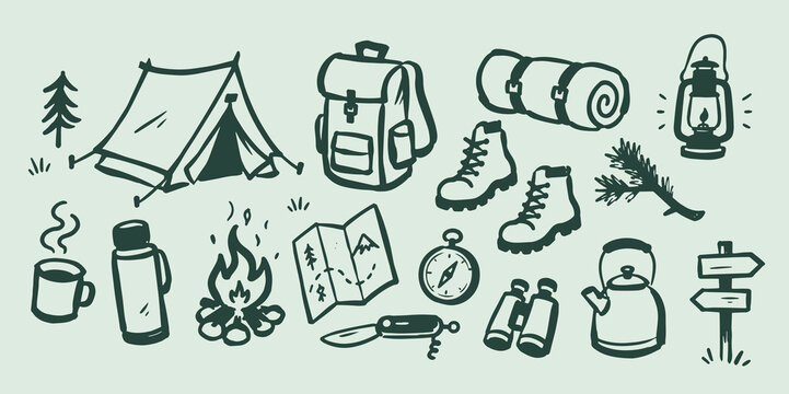 Camping and Hiking Gear Doodle Vector Set Illustration