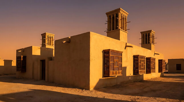 Traditional Arabic clay house with historic windcatchers and decorative wooden windows illuminated by warm sunset light