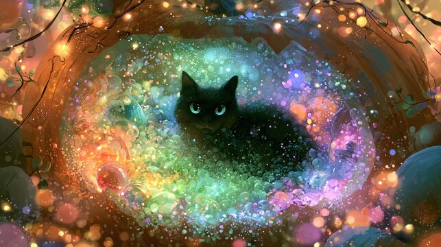 Curious black kitten exploring inside carved pumpkin warm light spills outward creating fireflies drift around scene soft light creates dramatic