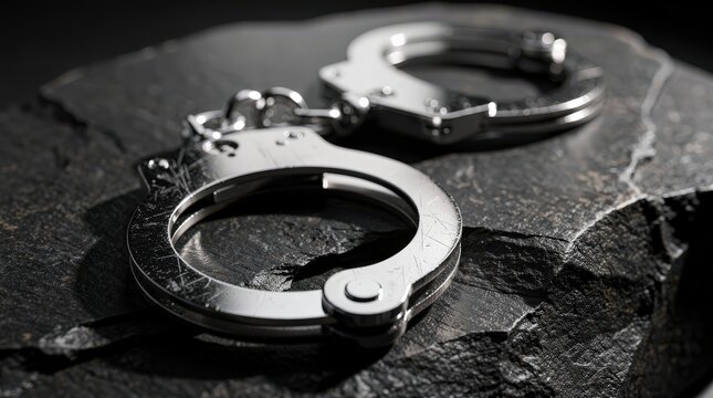 A close-up of shiny metal handcuffs lying on a rough, dark surface, symbolizing law enforcement and restraint.