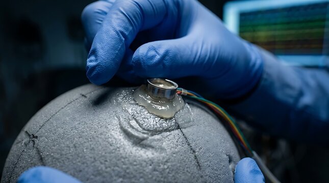 Close up of scientist attaching electrode to a model head for brain research