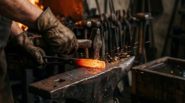 Blacksmith working hot metal on anvil with hammer and sparks flying