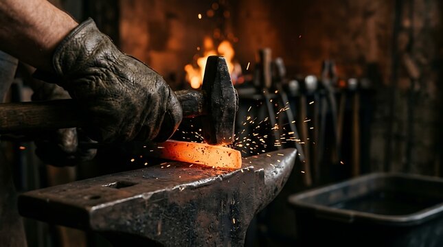 Blacksmith working hot metal on anvil with hammer creating sparks in forge