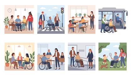 Fototapeta premium Inclusive society vector illustration featuring people with disabilities, wheelchair users, accessible public transport, classroom integration, and social activities