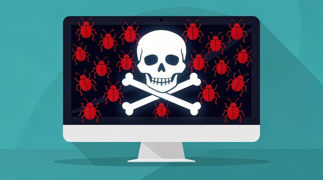 A computer screen displays a skull and crossbones symbol surrounded by red bugs, representing a virus or malware infection.