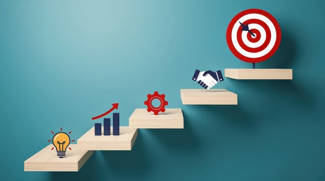 Wooden steps with icons depict the path from idea generation to success, featuring a light bulb, growth chart, gear, handshake, and target symbol.