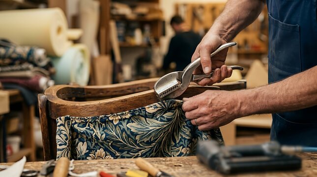 Upholsterer working on antique chair with patterned fabric and tools