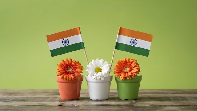 Indian national flag mini tricolor flags placed in colorful flower pots on wooden table surface with lime green background for independence day celebration and patriotic decoration.