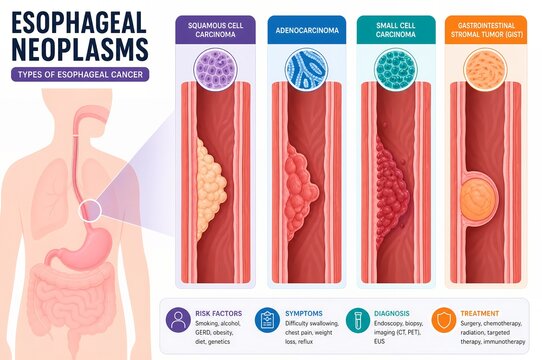 Esophageal cancer types infographic showing squamous cell carcinoma, adenocarcinoma, small cell carcinoma, and GIST tumor