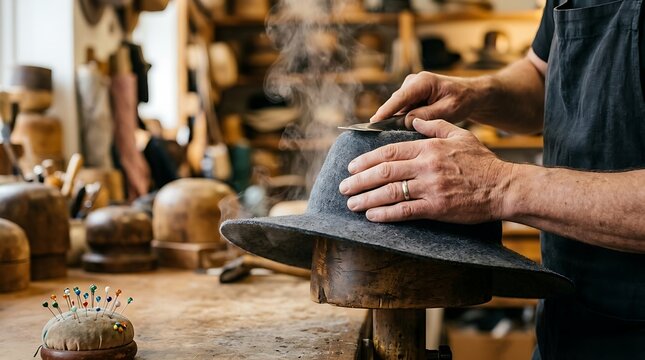 Hatter shaping a felt hat with steam and a knife in a traditional workshop