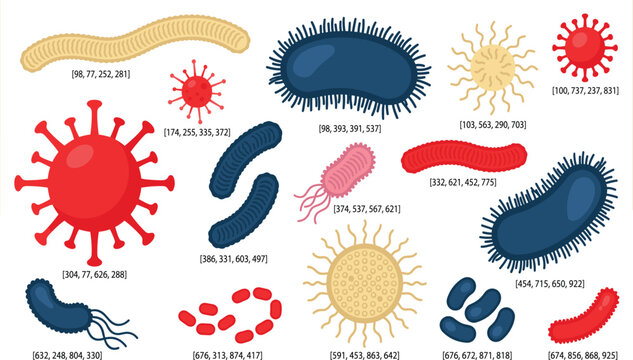 Microbiology vector illustration featuring colorful viruses, bacteria, and microbes with coordinate labels on a white background