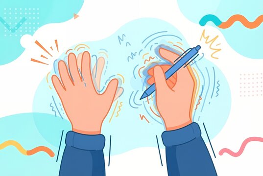 Essential tremor hands illustration showing shaking open hand and trembling hand holding pen with motion lines