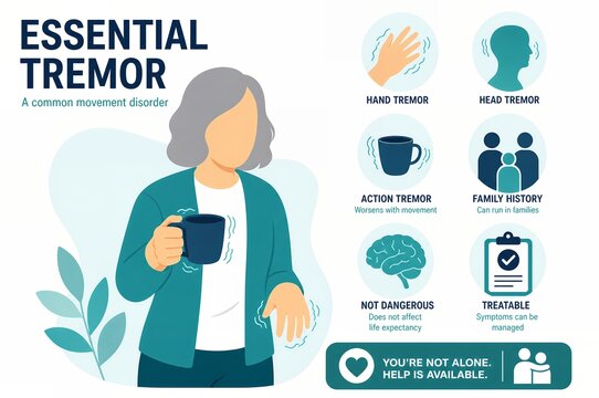 Essential tremor infographic showing person with shaking hands, movement disorder symptoms, family history, and treatment icons