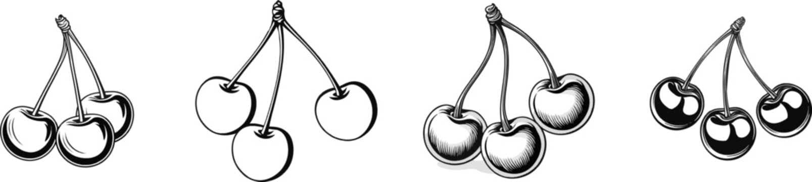 A flat, black-and-white iconography of three round cherries with stems forming a central knot against a white background