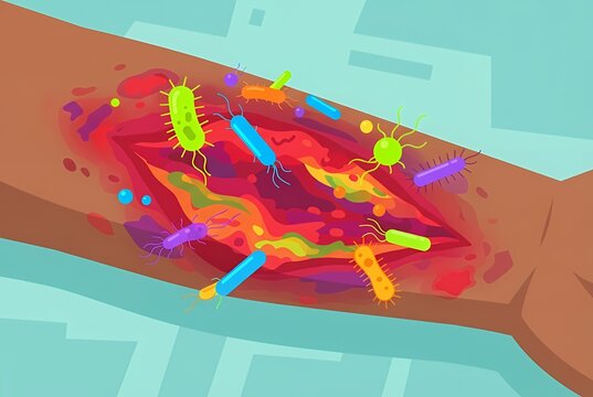 Flesh eating bacteria infection illustration showing open wound on arm with necrotizing fasciitis and bacterial colonization