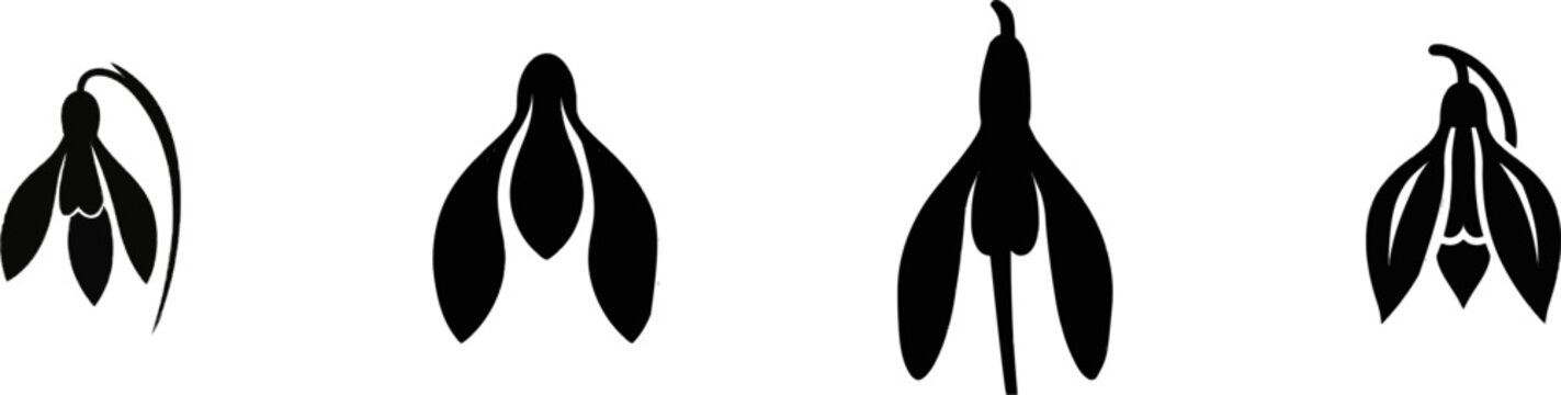A minimalist snowdrop flower icon in a flat design style features three long outer petals and a short inner cup hanging vertically against a white background