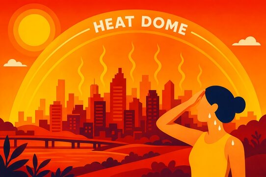 Heat dome illustration showing trapped hot air over city skyline with sweating person, rising heat waves, and blazing sun