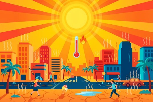 Heat wave in tropical city illustration with scorching sun, thermometer, melting ice cream, cracked ground, and people sweating