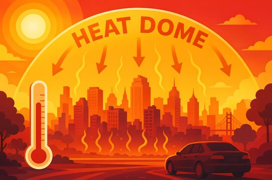 Heat dome over city illustration with downward pressure arrows, thermometer, car on hot road, and urban skyline