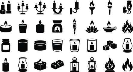 Collection of black and white vector icons representing candles, lanterns, and fire symbols © MdOsiar
